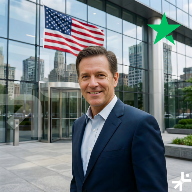 USA enterpreneur with the logo of Space Latam Solutions in the background